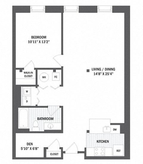 Floor plan for 1 bed, 1 bath, 891 sqft